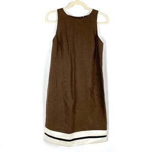 Chado Ralph Rucci Dress Linen Brown White Shift‎ A-Line Sleeveless Vintage Sz 8
